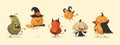 Pumpkin monsters. Cartoon autumn Halloween holiday food mascots set. Scary squashes with funny faces. Isolated spooky