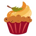 Pumpkin muffin. Fall season dessert. Homemade holiday baked goods. Muffins with cheese cream and autumn decor. traditional