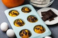 Pumpkin muffins baked in the silicone mold at the table with ingredients. Royalty Free Stock Photo