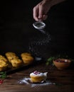 Pumpkin muffins with cranberries on a dark wooden table. A hand with a strainer pours powdered sugar on top.