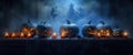 background blue table halloween mystery pumpkin evil fear night silhouette horror. Generative AI. Royalty Free Stock Photo