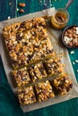 Pumpkin, nuts and chocolate bars with salted caramel sauce