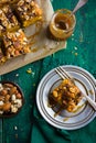 Pumpkin, nuts and chocolate bars with salted caramel sauce