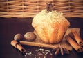 Pumpkin Oats streusel Muffins and assortment spice nutmeg, cinnamon, anise. Wooden dark brown background. Selective focus. Toned