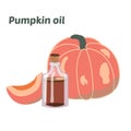 Pumpkin oil in a round bottle. Transparent edible liquid from natural, vegetable, natural organic wholesome oil. Cartoon