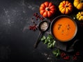 Pumpkin orange puree soup in a bowl on a dark background, minimalistic photo. Autumn dish of seasonal vegetables