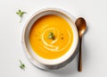 Pumpkin orange puree soup in a bowl on a white background, minimalistic photo. Autumn dish of seasonal vegetables