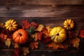 pumpkin orange wood autumn leaf wooden fall old halloween season background. Generative AI. Royalty Free Stock Photo