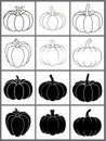 Pumpkin outline and silhouette icon set for autumn. Halloween contour and black shape vegetable design. Vector illustration Royalty Free Stock Photo