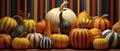 Pumpkin Palette: Exploring the Abundance of Colorful Striped Pumpkins in a Seasonal Composition. Generative AI