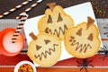 Pumpkin pancakes for Halloween kids breakfast Royalty Free Stock Photo