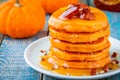 Pumpkin pancakes with honey and pecan Royalty Free Stock Photo