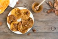 Pumpkin pancakes with pecan and honey Royalty Free Stock Photo