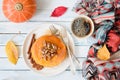 Pumpkin pancakes with pecan nuts and honey Royalty Free Stock Photo