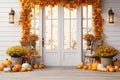 Pumpkin paradise: Ready for Thanksgiving dinner invites. Festive Home Entrance with Pumpkins. Front porch with Thanksgiving decor Royalty Free Stock Photo