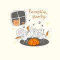 A pumpkin party of mice while a cat waits outside