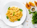Pumpkin pasta penne with creamy sauce of baked squash on white background, top view