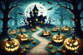 A pumpkin patch bathed in the gentle light of the full moon on Halloween night Royalty Free Stock Photo