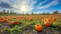 A pumpkin patch bathed in sunlight on a beautiful fall day, capturing the essence of the season. Ai Generated Royalty Free Stock Photo