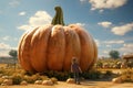 Pumpkin patch farmer presenting a giant pumpkin