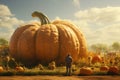 Pumpkin patch farmer presenting a giant pumpkin