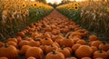 Pumpkin patch with sunflowers and cornfields at sunset Royalty Free Stock Photo