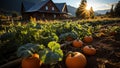 Pumpkin patch at sunset in autumn Royalty Free Stock Photo