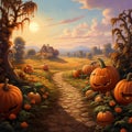 Pumpkin patch during sunset Royalty Free Stock Photo