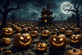 a pumpkin patch, where the full moon\'s tender light imparts an otherworldly luminescence to the scene