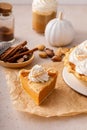 Pumpkin pie with cheesecake swirl for Thanksgiving