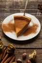 Pumpkin pie with cinnamon powder on