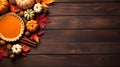 Pumpkin pie and gourds on brown table, flat lay with copyspace, top view, fall food, Thanksgiving cooking, banner