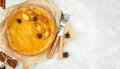 Pumpkin pie on a light table. Thanksgiving pie. Homemade baking. Copy space