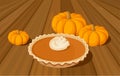 Pumpkin pie and orange pumpkins.