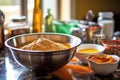 pumpkin pie preparation: mixing ingredients in bowl