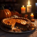 Pumpkin pie, pumpkins and burning candles. Pumpkin as a dish of thanksgiving for the harvest Royalty Free Stock Photo