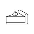 Pumpkin pie slice decorated with whipped cream. Linear icon of traditional Thanksgiving treat. Black illustration of cheesecake,