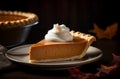 Pumpkin pie slice plate cooked food. Generate Ai
