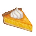 Pumpkin pie slice for traditional American holiday Thanksgiving Day. Piece decorated sweet whipped cream. Festive