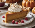 Pumpkin Pie Slice with Whipped Cream and Pumpkins in the Background Royalty Free Stock Photo