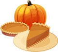 Pumpkin pie slice with whole pie and pumpkin