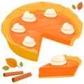 Pumpkin pie with whipped cream and cinnamon sticks. Thanksgiving and Holiday Pumpkin Pie. Vector illustration