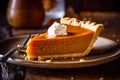 Pumpkin pie with whipped cream, dark and moody background. Autumn food.