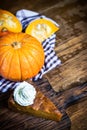 Pumpkin pie with whipped cream on rustic background.