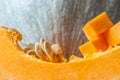 Pumpkin piece with seeds. Fresh and ripe pumpkin detail vegetable