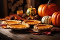 pumpkin pies arranged on a rustic wooden table for thanksgiving Royalty Free Stock Photo