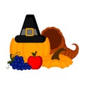 Pumpkin with pilgrim hat and thanksgiving food Royalty Free Stock Photo