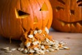 Pumpkin puking with pumpkin seeds on wood table