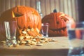 Pumpkin puking with pumpkin seeds on wood table, vodka, vintage effect