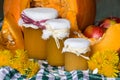 Pumpkin and pumpkin jam, puree or sauce on green with white tablecloth. Autumn still life Royalty Free Stock Photo